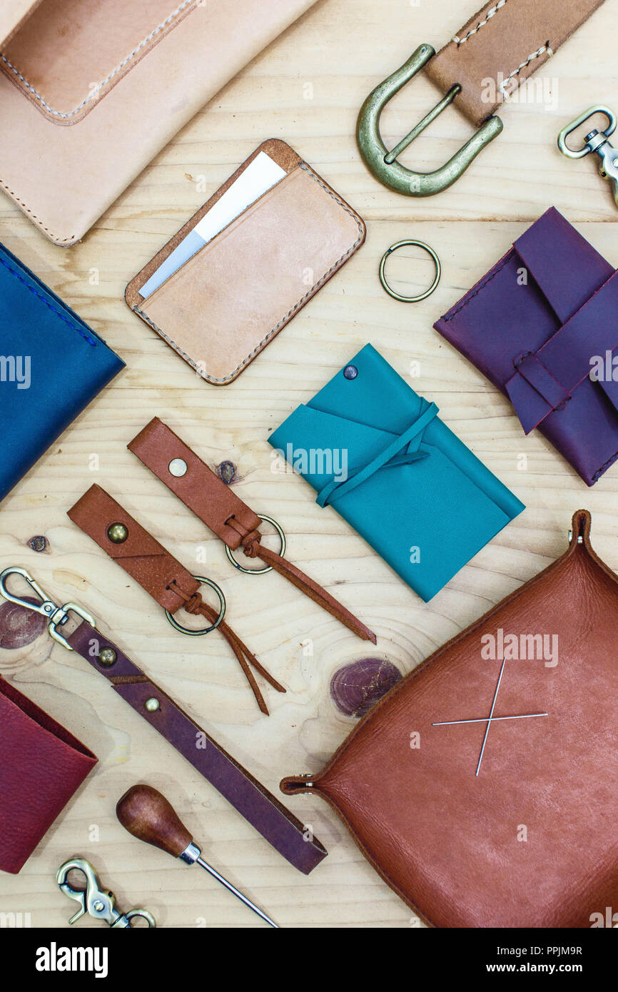 Flache layout Sammlung von Leder reise Zubehör Stockfoto
