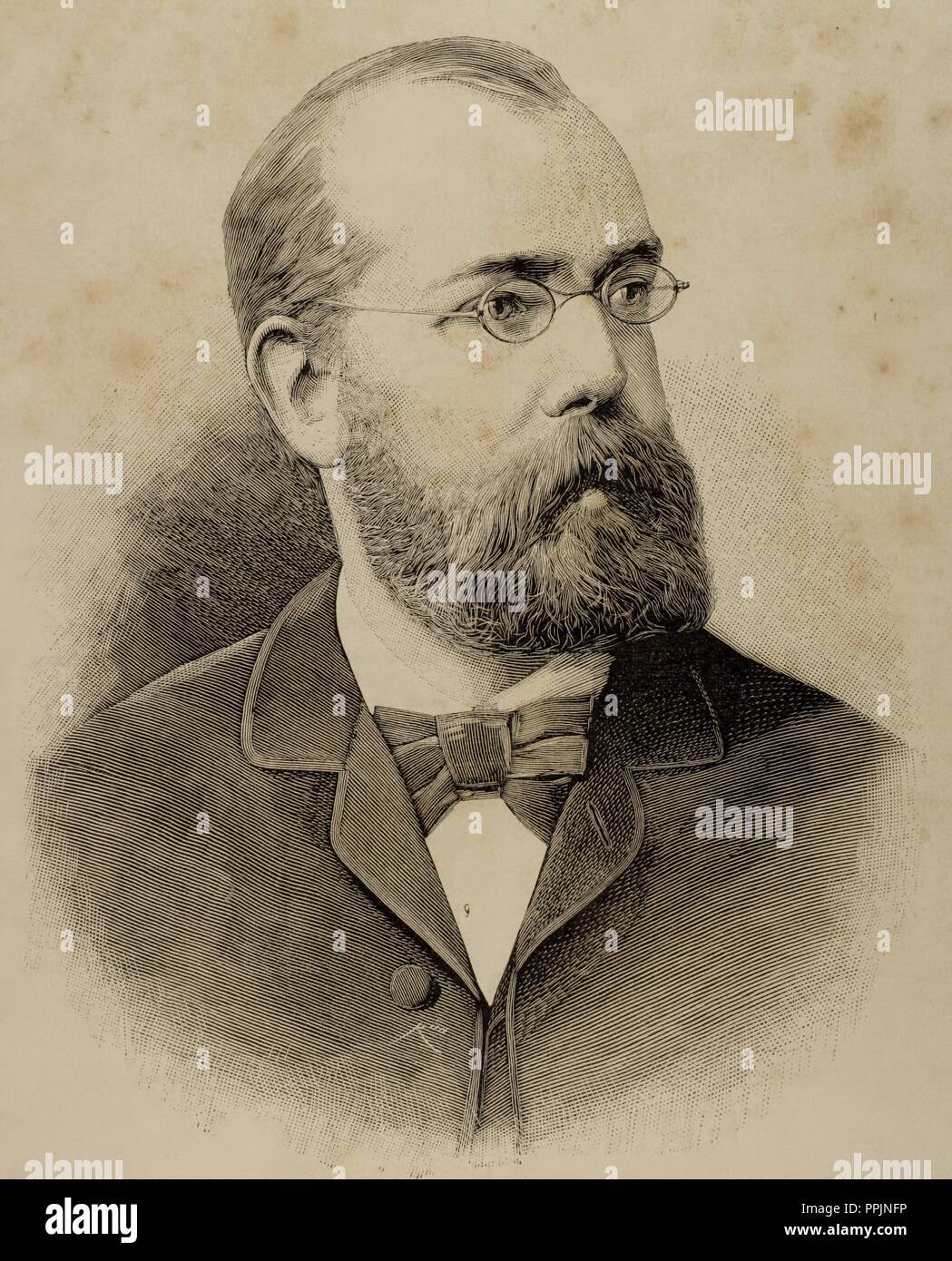 ROBERT KOCH (1843-1910). Deutscher Arzt und Bakteriologe. Entdecker von Tuberkulose bacillum und das Verfahren, um es zu heilen. Kupferstich von Rico. "Die spanische und amerikanische Abbildung". 1890. Stockfoto