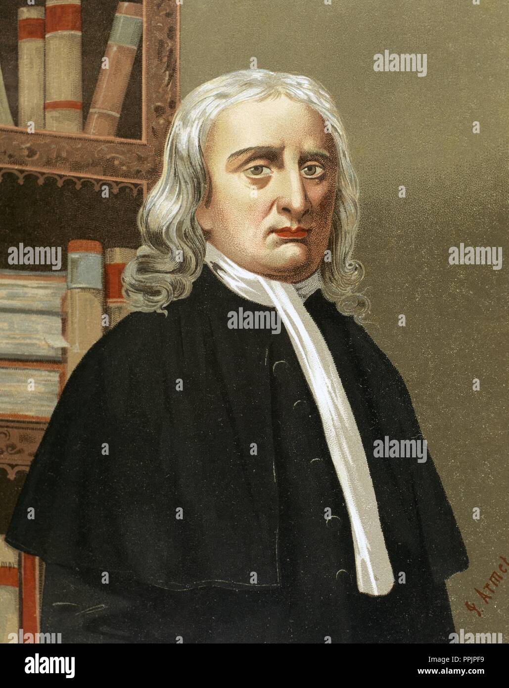 NEWTON, Sir Isaac (Woolsthorpe, 1642 - London, 1727). Physiker, Mathematiker und Astronom. Durch die 1665 entdeckte er die Gesetze der universellen Gravitation. Abbildung des 19. Jahrhunderts. Stockfoto