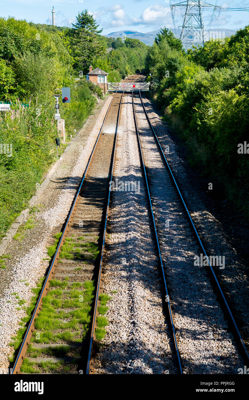 Bemannte Bahnübergang an llanfairpwllgwyngyllgogerychwyrndrobwllllantysiliogogogoch. North Wales UK Stockfoto