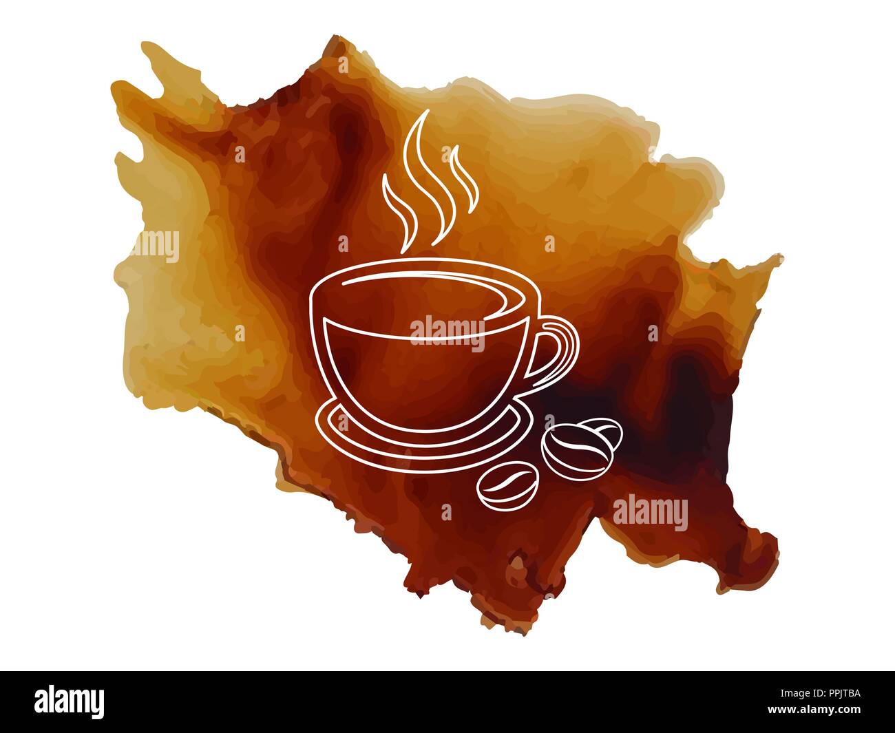 Kaffeetasse mit Logo mit Kaffeebohnen Umrisse auf verschüttetem Kaffee Hintergrund Vector Illustration auf weißem Hintergrund Stock Vektor