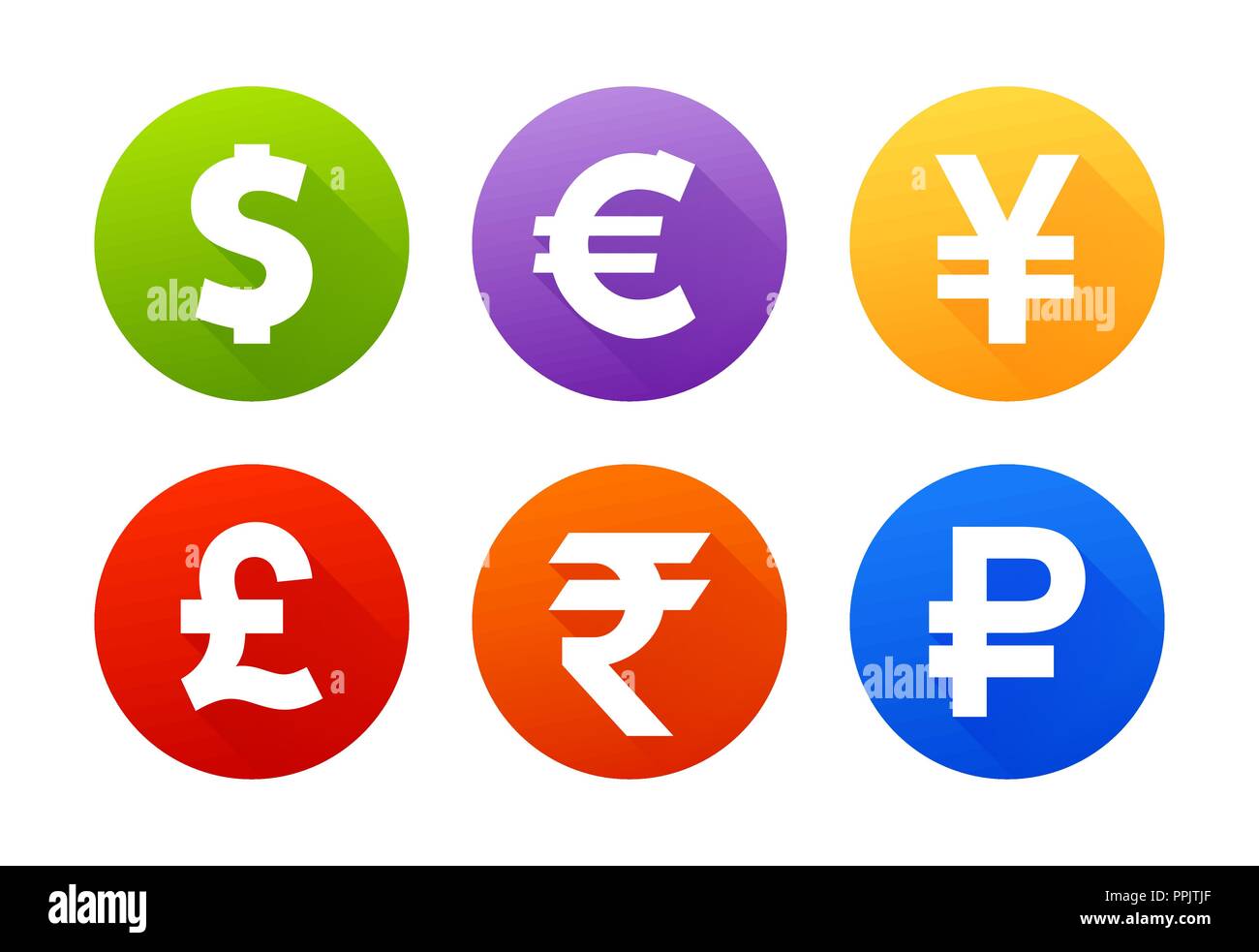 Währung flachbild Vektor Symbol gesetzt. Symbole mit Bildern von verschiedenen Ländern Währungen Dollar, Euro, Pfund Sterling, Yen, Yuan unterzeichnen, Stock Vektor