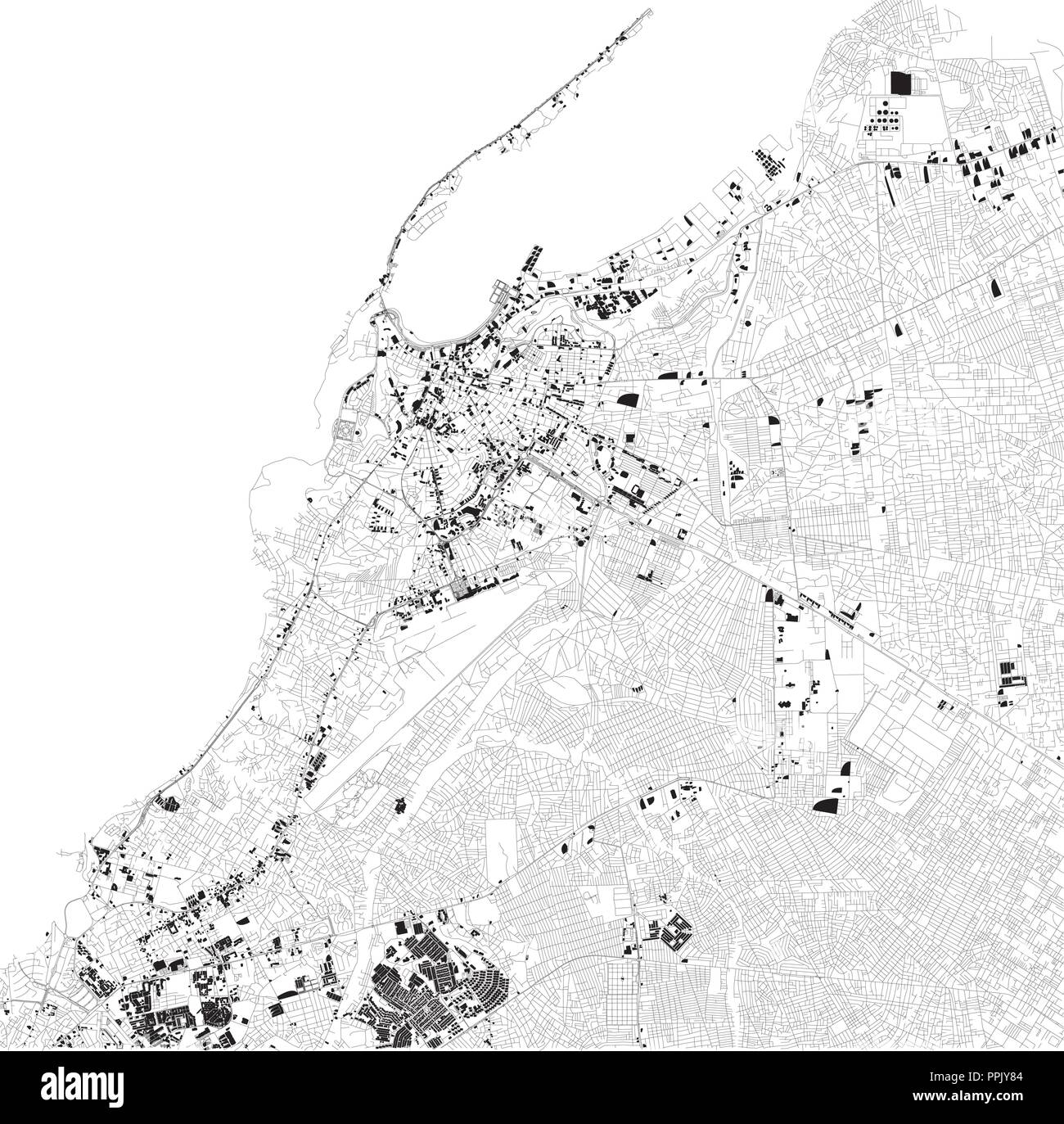 Karte von Luanda, Satelliten-, schwarzen und weißen Karte. Straße Verzeichnis und Stadtplan. Angola. Afrika Stock Vektor