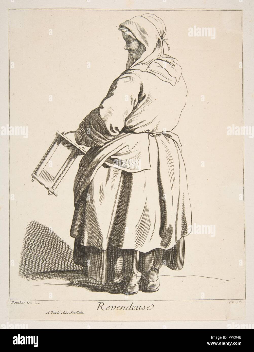 Reseller. Artist: Anne Claude Philippe de Tubières, comte de Caylus (Französisch, Paris 1692-1765 Paris); Nach Edme Bouchardon (Französisch, Chaumont 1698-1762 Paris). Maße: Blatt: 9 3/16 x 7 1/16-in. (23,3 x 17,9 cm) Bild: 8 9/16-in. × 7. (21,8 × 17,8 cm). Herausgeber: François Joullain (Französisch, Paris 1697-1778 Paris). Serie/Portfolio: die Schreie von Paris: Erste Reihe (Études Pries dans le Bas Peuple où les Cris de Paris: Première Suite). Datum: 1737. Museum: Metropolitan Museum of Art, New York, USA. Stockfoto