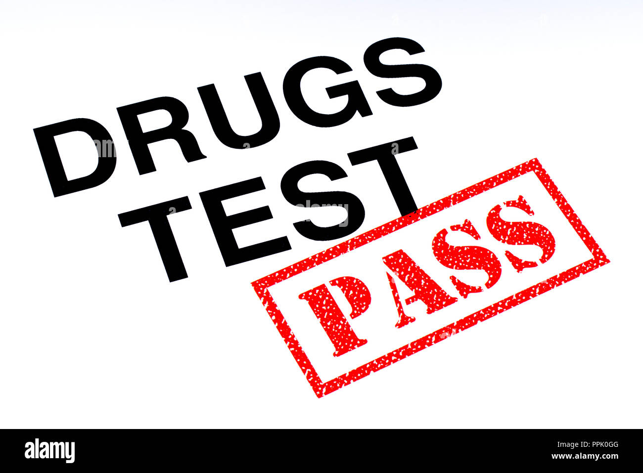 Drogen Test Überschrift versehen mit einem roten PASS Stempel. Stockfoto