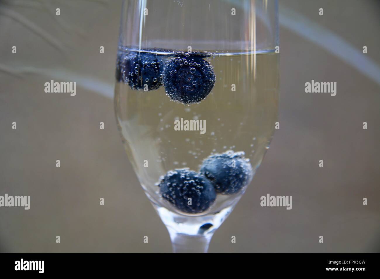 Eine Nahaufnahme von einem Glas Champagner mit Blaubeeren floating in es in einen Garten Stockfoto
