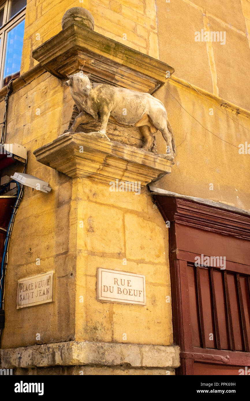 Straße des Ochsen mit seiner Skulptur der Stier in der Altstadt von Lyon Stockfoto