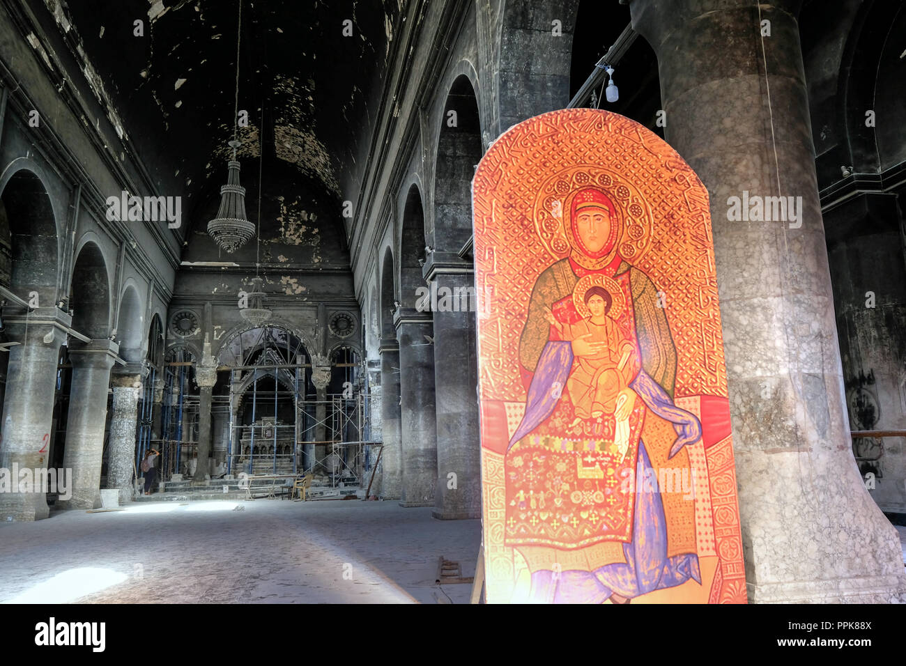 Die Unbefleckte Empfängnis Kirche von Quaraqosh (Hamdaniya) wurde von ISIS in 2014 durch Feuer, Irak zerstört, autonomen kurdischen Region - Assyrisch-Orthodoxe Kathedrale von Quaraqosh wurde von ISIS im Jahr 2014 durch Feuer zerstört, Irak, autonome kurdische Region Stockfoto