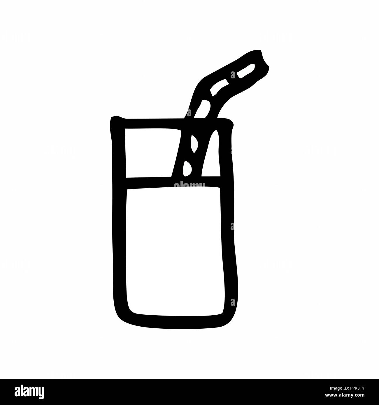 Freehand Illustration einer Tasse mit einem Strohhalm. Schwarzen umrissen auf weißem Hintergrund. Stock Vektor
