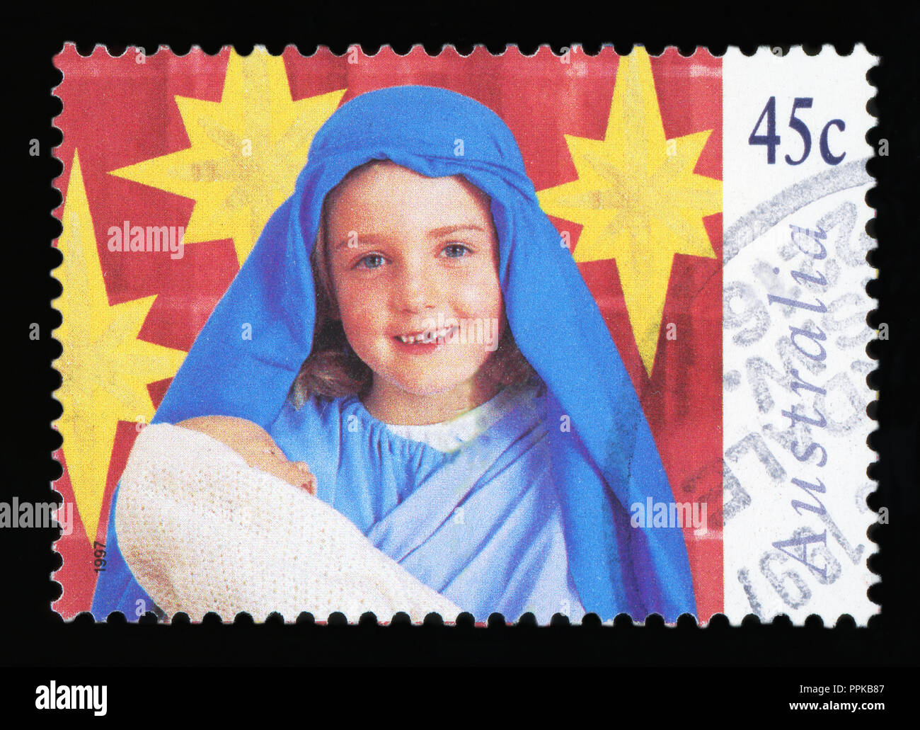 Australien - ca. 1997: eine stornierte Briefmarke aus Australien, zeigt die Abbildung: Maria, Weihnachten Serie, ca. 1997. Stockfoto
