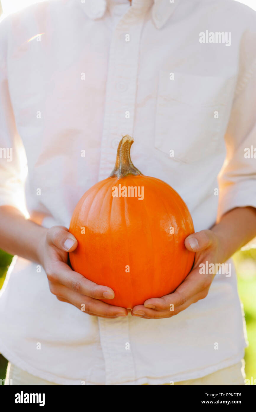 Männliche kind Holding eine orange Zucker Kürbis in seinen Händen Stockfoto