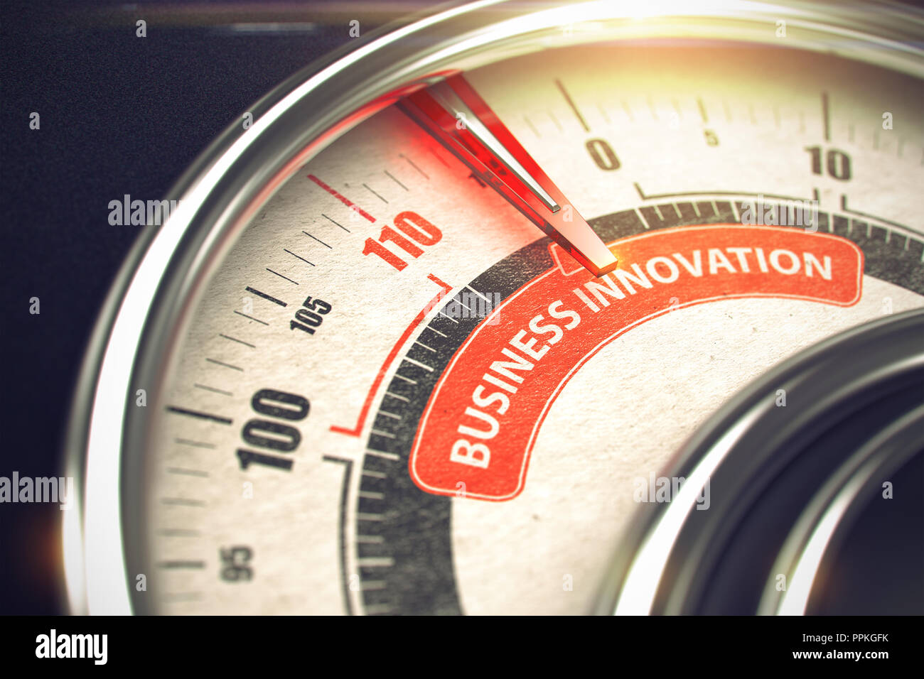 Glänzendes Metall Speedmeter mit roter Punchline erreichen die Business Innovation. Abbildung mit Tiefenschärfe Wirkung. 3D. Stockfoto