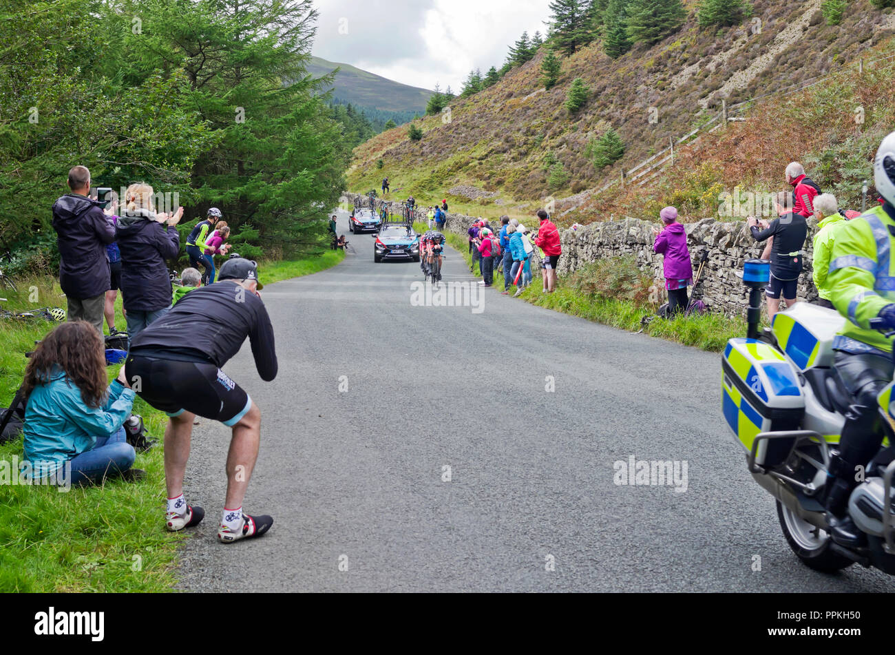 Stufe 5 Tour durch Großbritannien 2018, Team Time Trial Whinlatter Pass. Radfahrer und andere Zuschauer applaudieren und Fotos als Team Madison Genesis vorgehen. Stockfoto