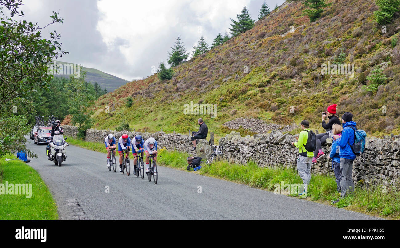 Stufe 5 Tour durch Großbritannien 2018, Team Time Trial Whinlatter Pass Cumbria. Team Großbritannien auf der abschließenden bergauf Abschnitt vor dem Ziel. Stockfoto