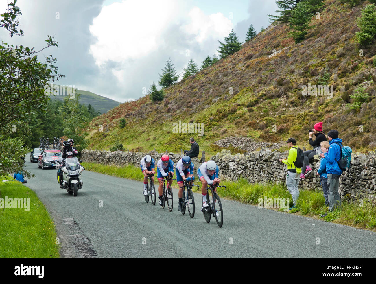 Stufe 5 Tour durch Großbritannien 2018, Team Time Trial Whinlatter Pass Cumbria. Team Großbritannien auf der abschließenden bergauf Abschnitt vor dem Ziel. Stockfoto