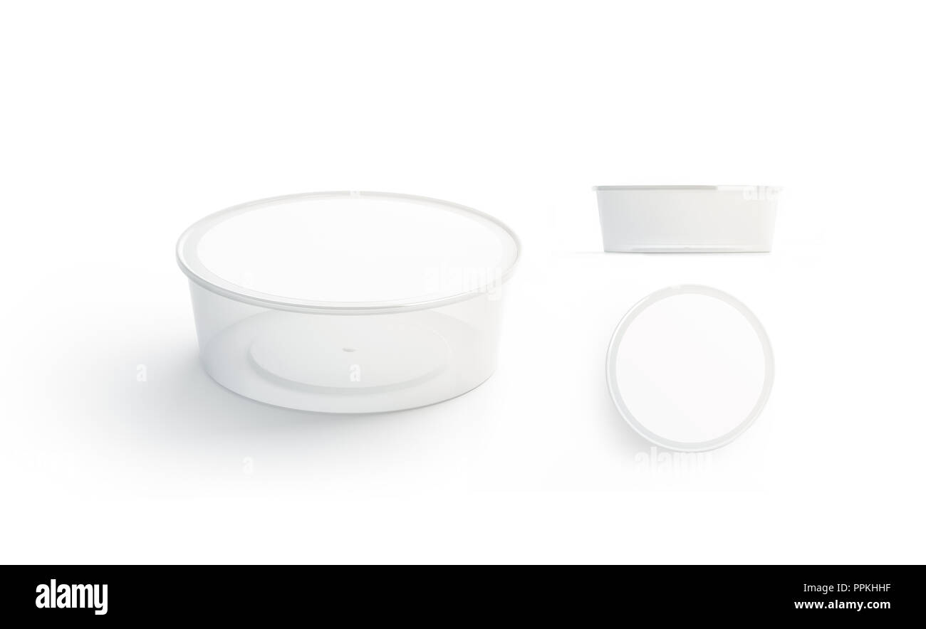 Leere weiße Disposable food Container mockup Set, 3D-Rendering. Leere runde Lunch Box mit Deckel mock up. Leer, transparenten Kunststoffgehäuse für die Mahlzeit, isoliert. Nehmen Sie den Bento-vorlagen. Stockfoto