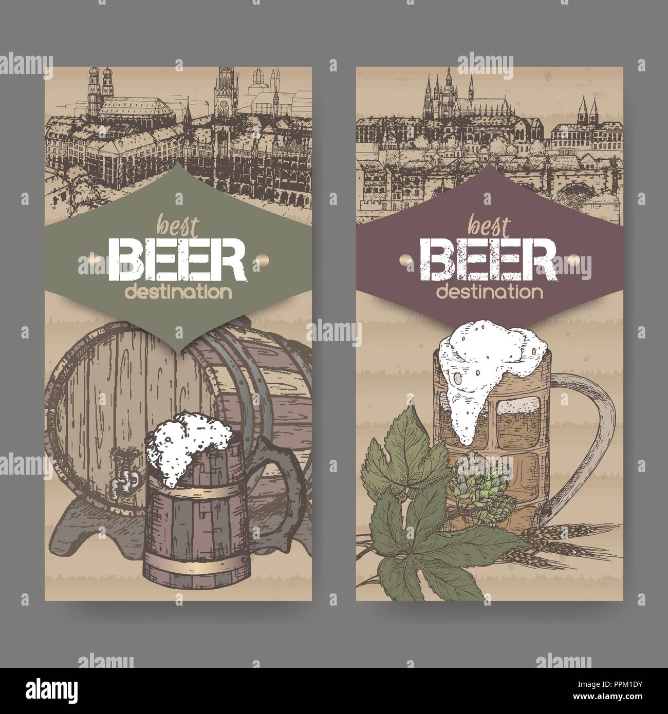 Zwei Labels mit Hand gezeichnet Bierfass, mug, hop, Weizen und Prag und München Skizzen auf Karton Hintergrund. Stock Vektor