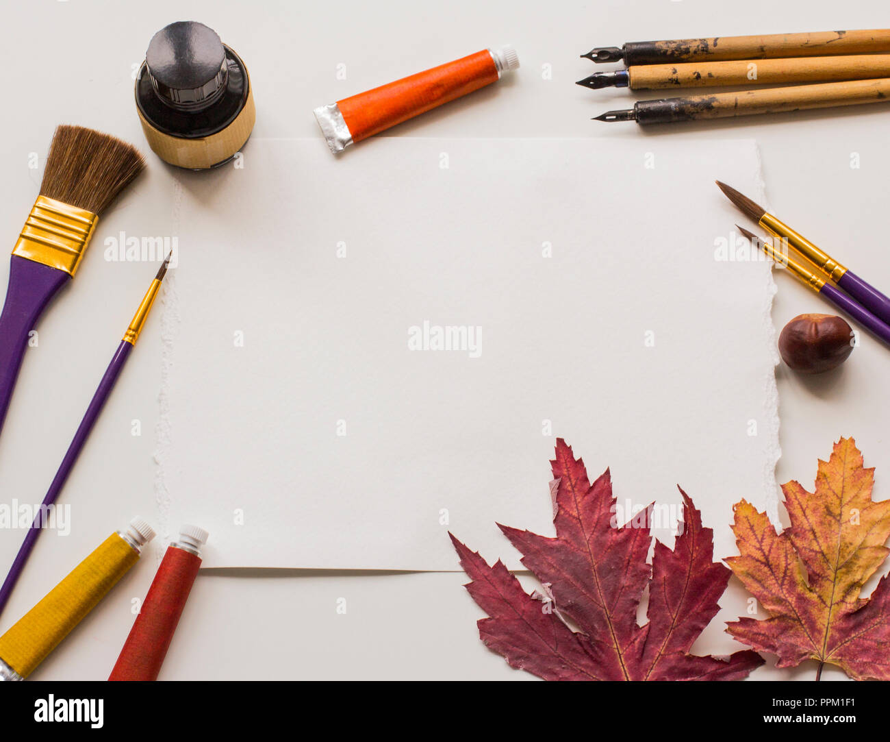 Eine alte Schreibfedern pen, eine Flasche schwarze Tinte, ein Blatt Papier mit Platz für Text, Einladung schreiben, Alte nib Stiften, Pinseln, trockene Blätter, Röhren von Lack, Stockfoto