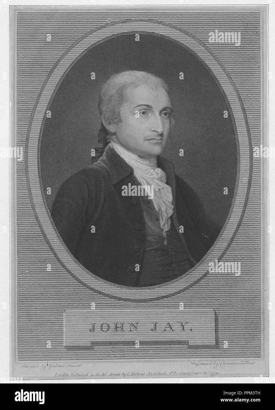 Graviert Portrait von John Jay, Gründervater der Vereinigten Staaten und der erste Präsident des Obersten Gerichtshofs der Vereinigten Staaten, ein amerikanischer Staatsmann und Diplomat aus New York, 1842. Von der New York Public Library. () Stockfoto