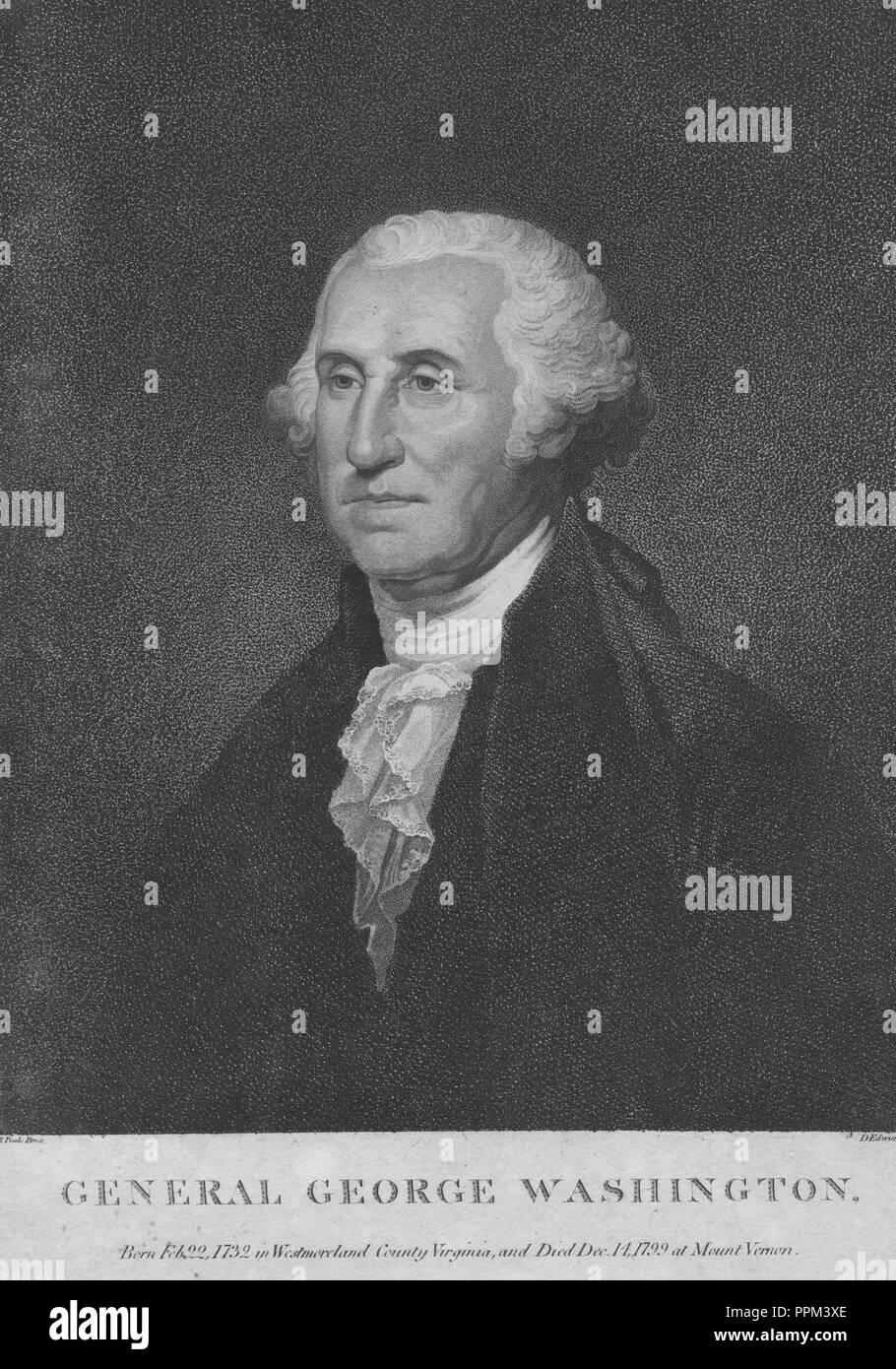 Graviert Porträt von George Washington, Gründervater der Vereinigten Staaten und der erste Präsident der Vereinigten Staaten, ein US-amerikanischer Politiker aus Wakefield, Westmoreland County, Virginia, 1837. Von der New York Public Library. () Stockfoto