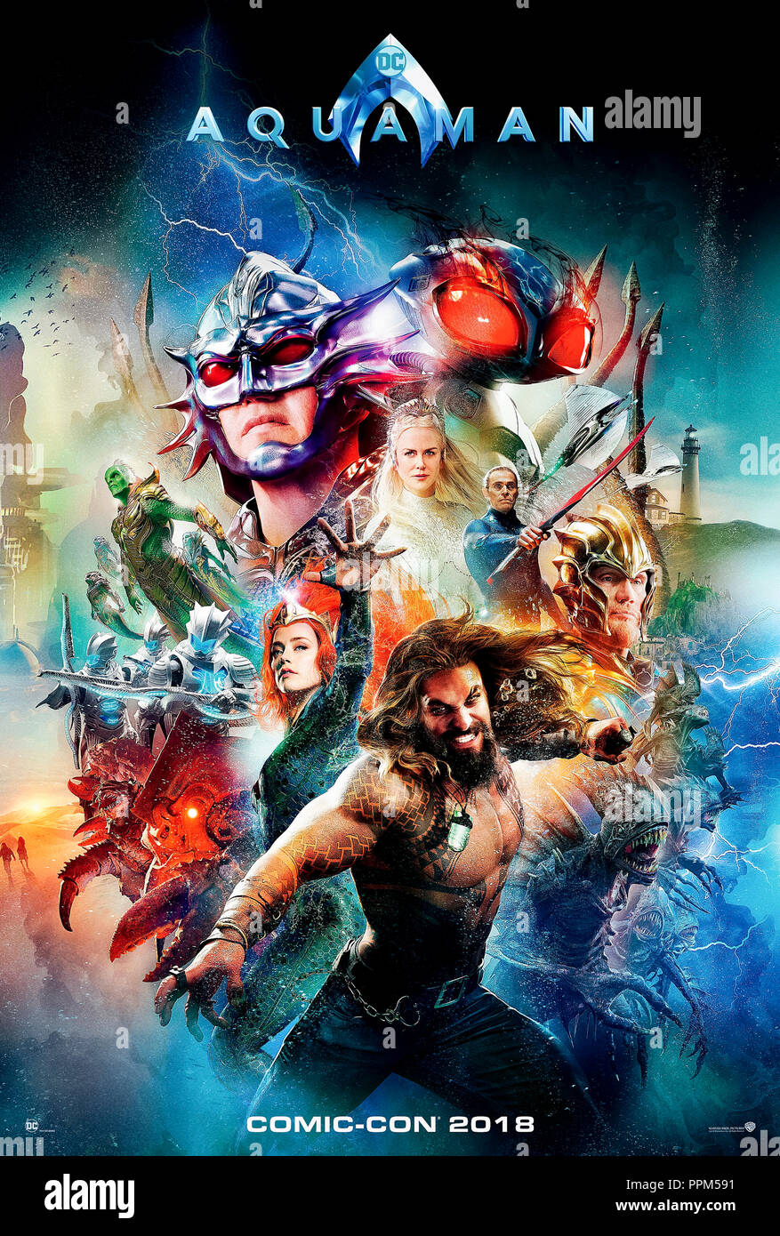 Aquaman (2018) von James Wan Regie und Hauptdarsteller Jason Momoa, Amber Heard, Nicole Kidman und Randall Park. Arthur Curry entdeckt, er ist der König von Atlantis auch als Aquaman bekannt. Stockfoto