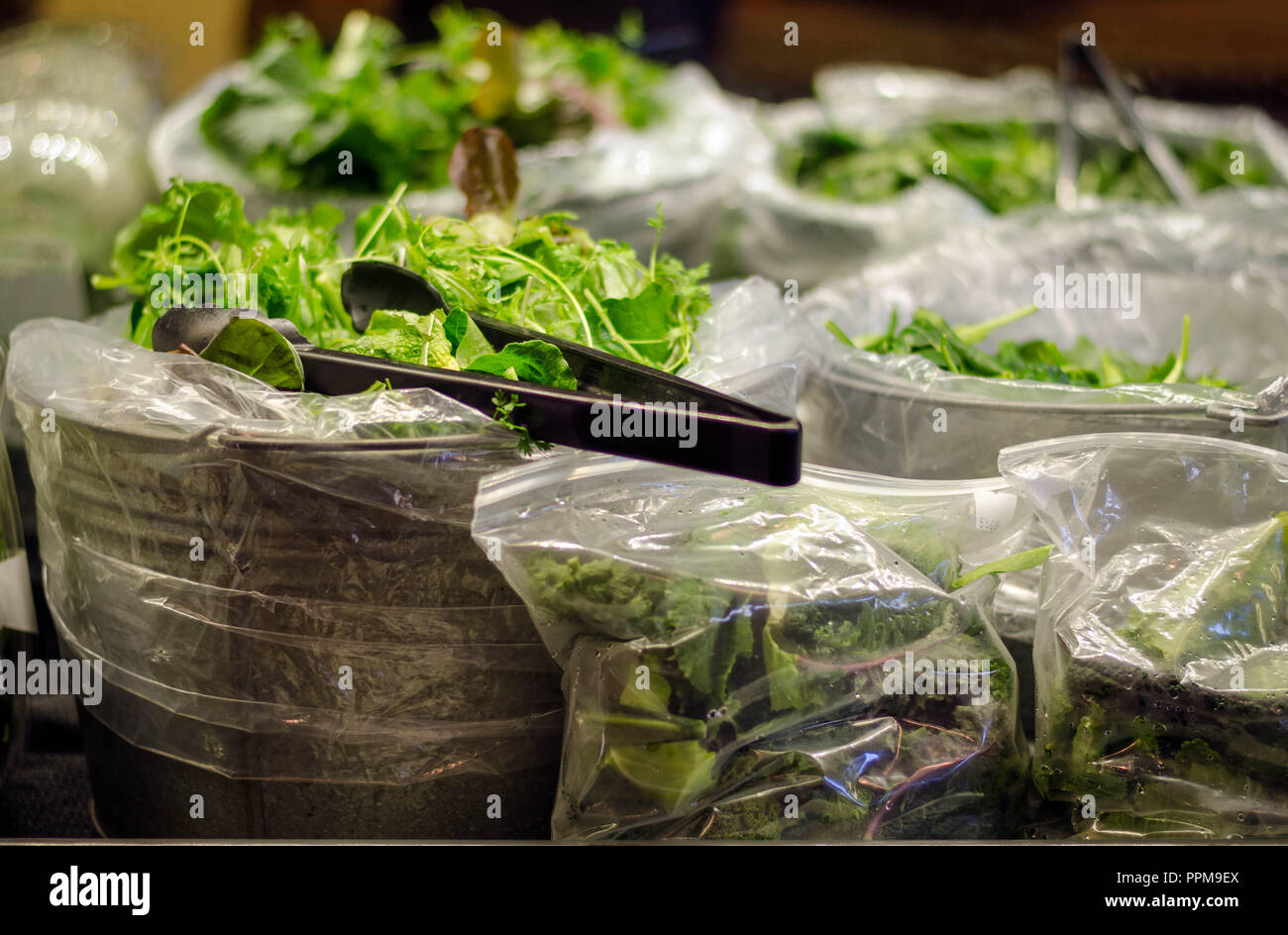 Behälter mit Salat mix auf einer Co-op-Regal. Bauernhof direkt in Oregon. Stockfoto
