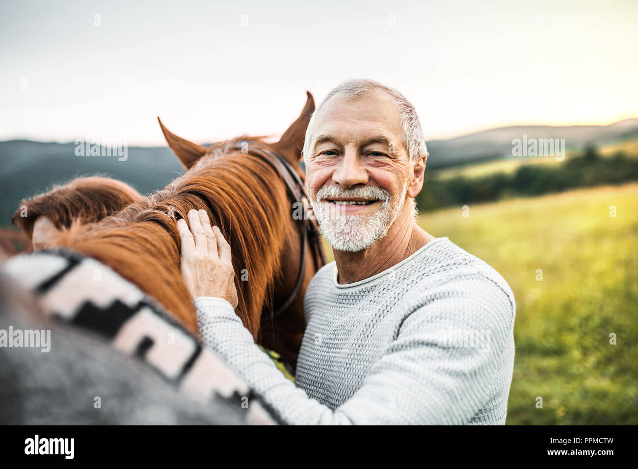 Ein älterer Mann stand in der Nähe ein Pferd draußen in der Natur, an die er befestigt ist. Stockfoto