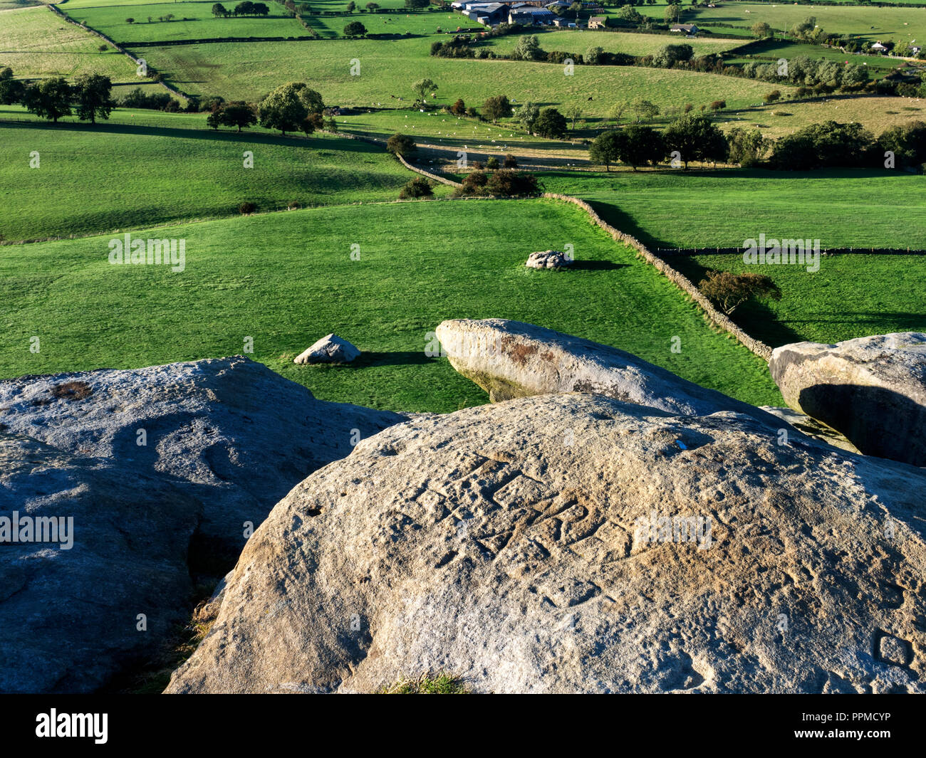 Wiesen in der Unteren Wharfe Tal von Almscliff Felsen in der Nähe von Harrogate, North Yorkshire England Stockfoto