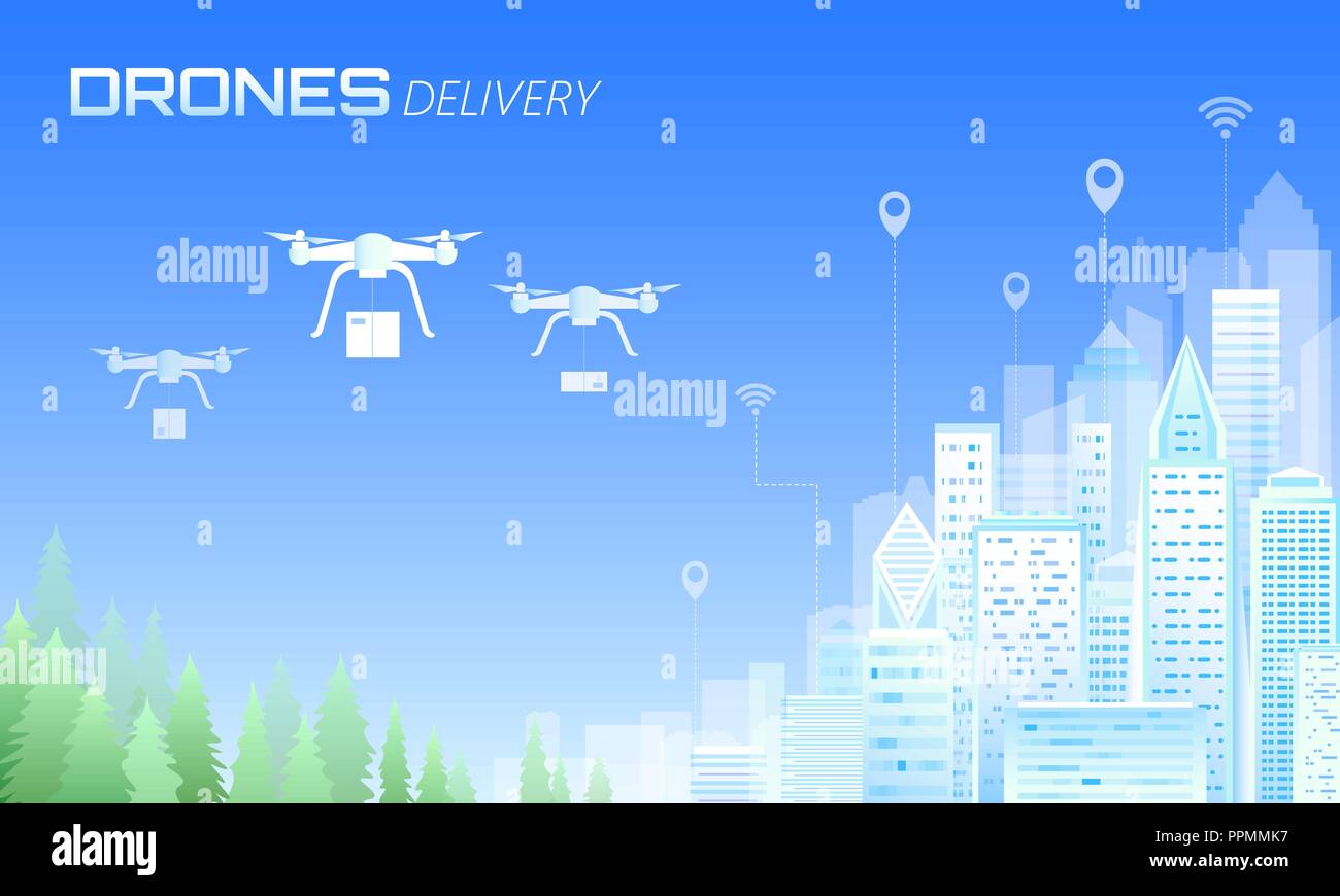 Drone "Lieferung Ökologie freundliche Stadt. Quadcopter Fernbedienung grüne Energie. Eco business Transport Luftfracht Konzept. Moderne Skyline im Hintergrund Vector Illustration Stock Vektor