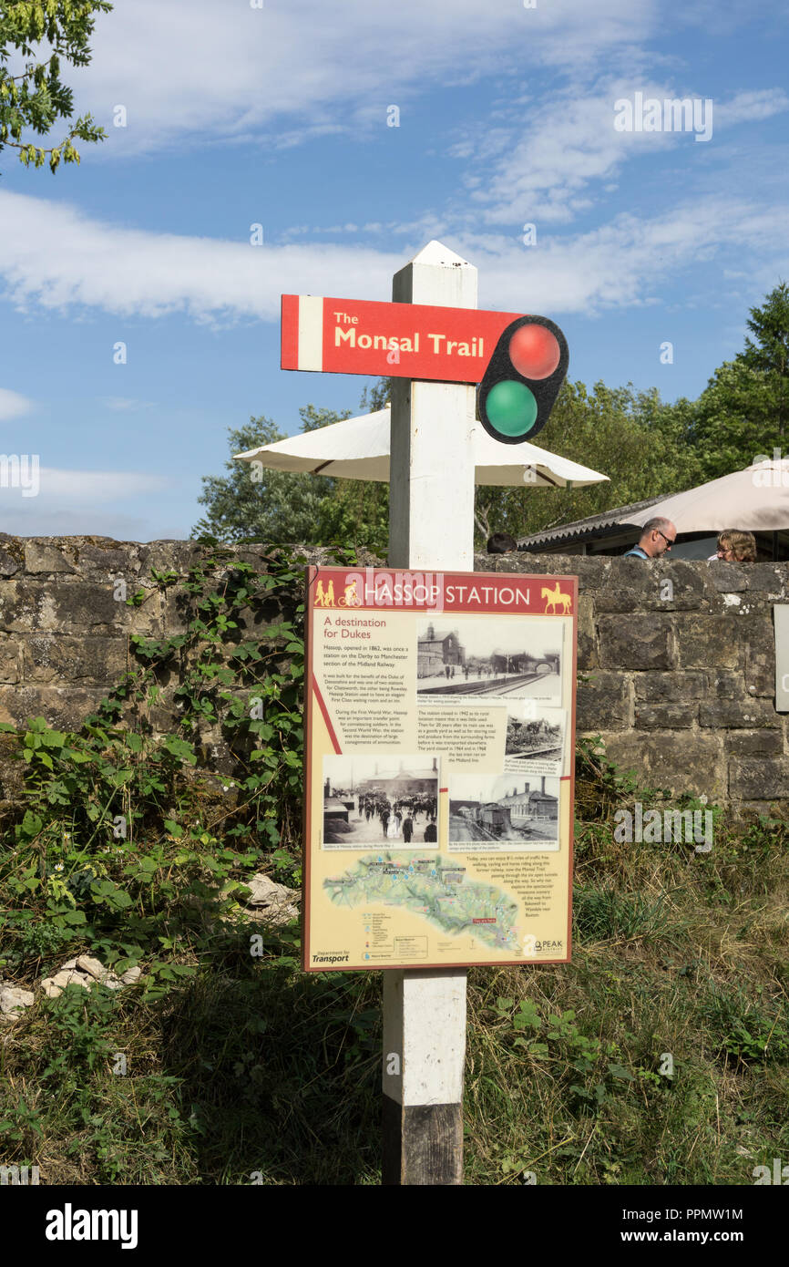 Information Board, auf einer Replik railway Signal, für Hassop Station auf dem monsal Trail, Derbyshire, Großbritannien Stockfoto