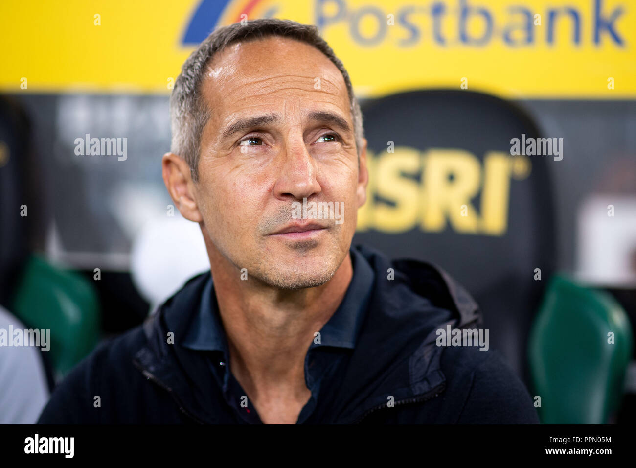 26. September 2018, Nordrhein-Westfalen, Mönchengladbach: Fußball: Bundesliga, Borussia Mönchengladbach - Eintracht Frankfurt 5 Spieltag im Borussia-Park. Frankfurt Trainer Adi Hütter schaut in die Runde vor dem Spiel. (EMBARGO BEDINGUNGEN - ACHTUNG: Der DFB verbietet die Nutzung und Veröffentlichung der sequenziellen Bilder auf das Internet und andere Onlinemedien während des Spiels (einschließlich der halben Zeit). Achtung: SPERRFRIST! Der DFB erlaubt die weitere Nutzung und Veröffentlichung der Bilder für mobile Dienste (insbesondere MMS) und für die erst nach dem Ende des Matches DVB-H und DMB. Stockfoto