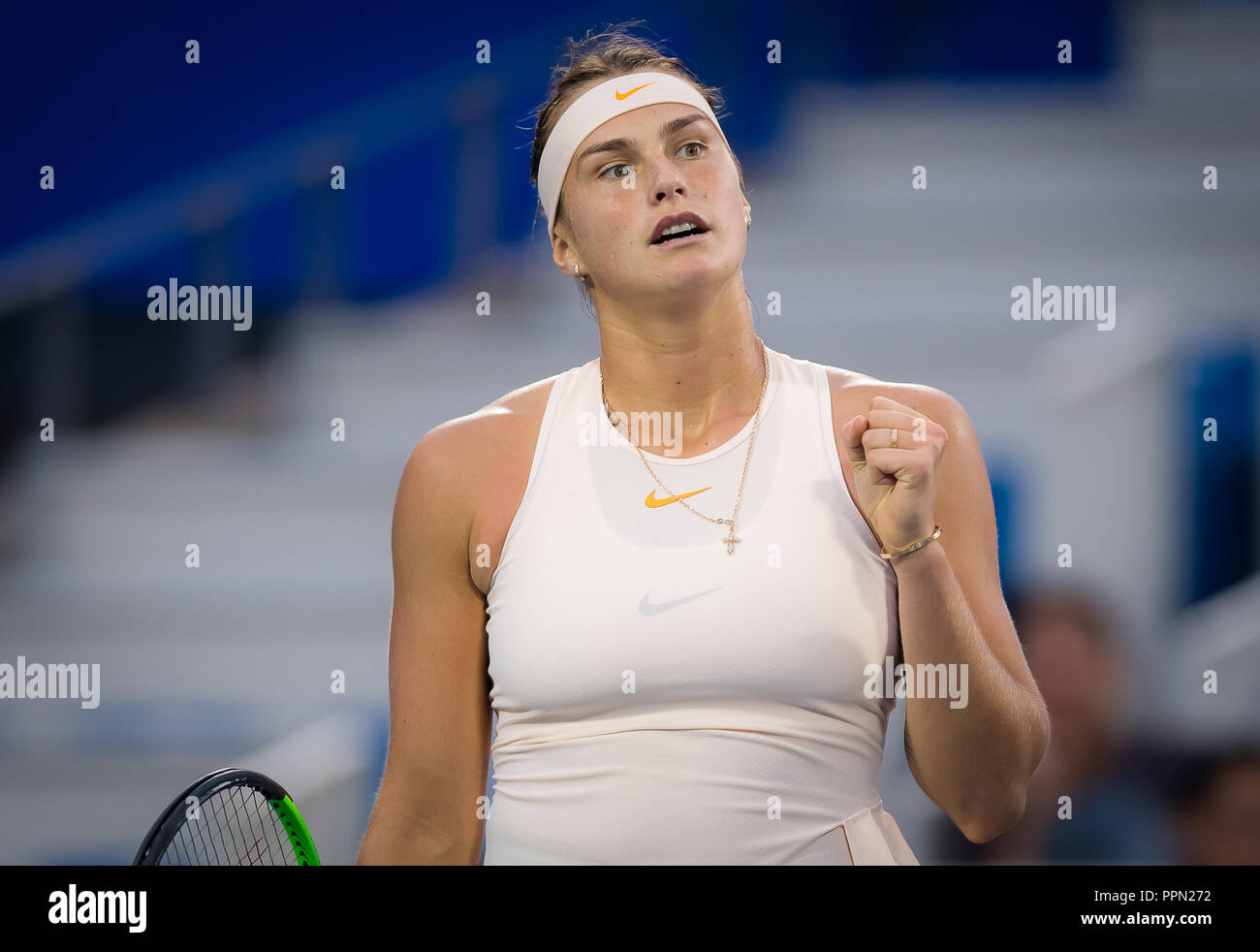 Wuhan, China. September 26, 2018 - aryna Sabalenka von Belarus in Aktion während ihrer dritten Runde am 2018 Wuhan Dongfeng Motor öffnen WTA Premier 5 Tennis Turnier (Credit Bild: © AFP7 über ZUMA Draht) Stockfoto