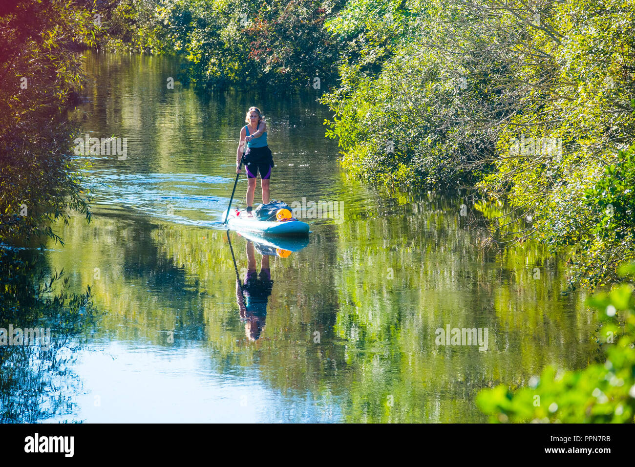 Aberystwyth Wales UK, Donnerstag 27 September 2018 UK Wetter: Environmental campaigner GILLY THOMAS, paddleboard, freiwillig das Patrouillieren der Fluss Rheidol in Aberystwyth, heraus Suchen und Sammeln von pplastic Müll, auf einer sonnigen und warmen 'Indian Summer' morgen in Aberystwyth, Großbritannien Köpfe in eine Periode der Nieder warmes sonniges Wetter. Foto © Keith Morris/Alamy leben Nachrichten Stockfoto