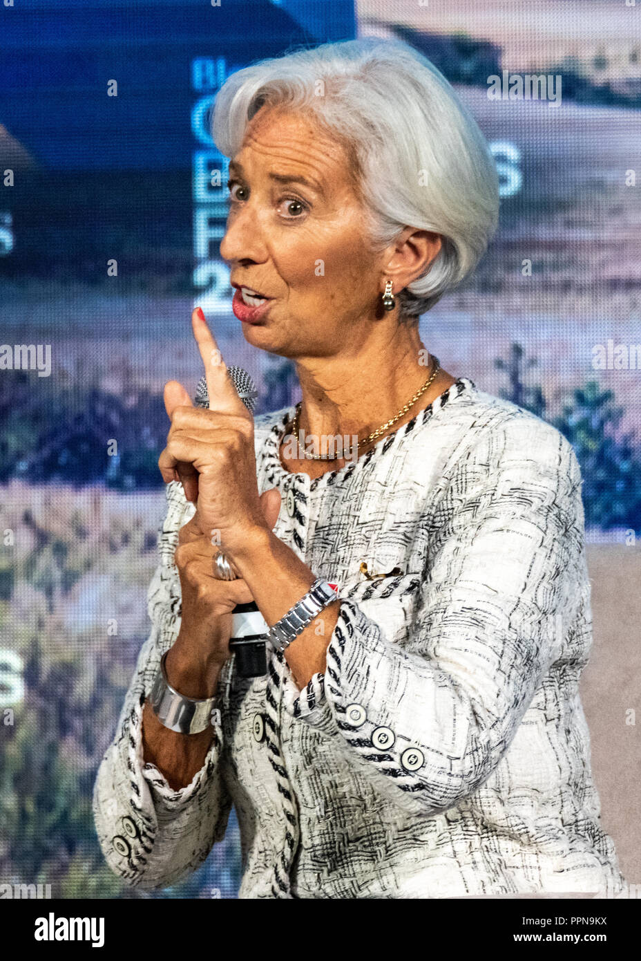 New York, USA. 26 Sep, 2018. Internationalen Währungsfonds Geschäftsführer Christine Lagarde spricht an der Bloomberg Global Business Forum im Rande der 73. Vollversammlung der Vereinten Nationen in New York City. Credit: Enrique Ufer/Alamy leben Nachrichten Stockfoto