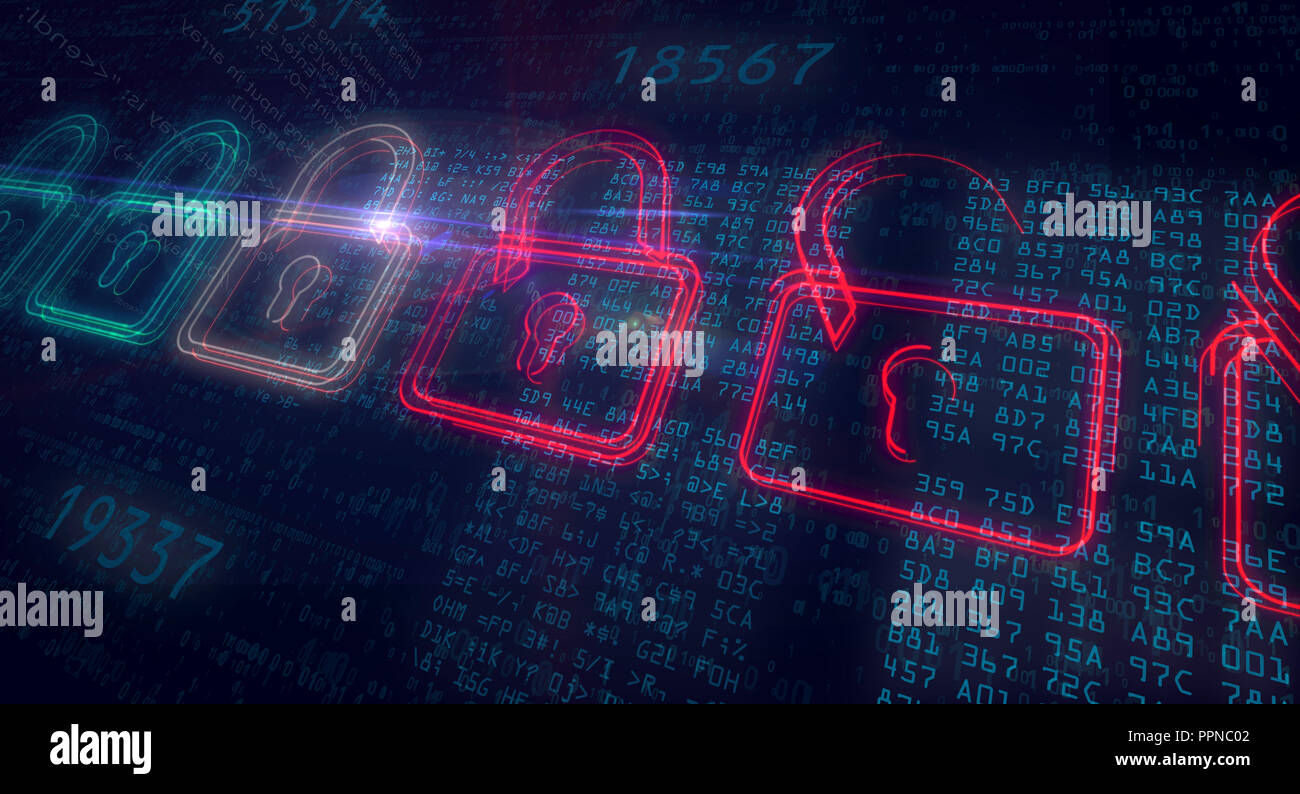 Cyber Security und Sicherheit im Internet. Rot und Grün Vorhängeschlösser Kontur auf digitalen Hintergrund. Stockfoto