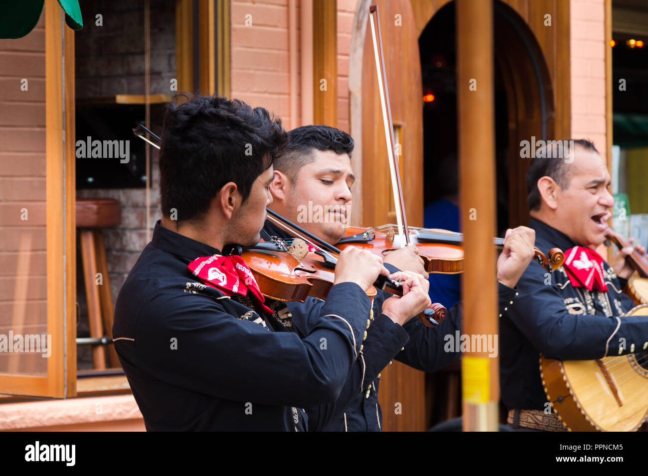 TORONTO, ONTARIO, Kanada - 29. JULI 2018: Eine Mariachi Band spielt vor einer Masse in Toronto lebhaften Kensington Market. Stockfoto