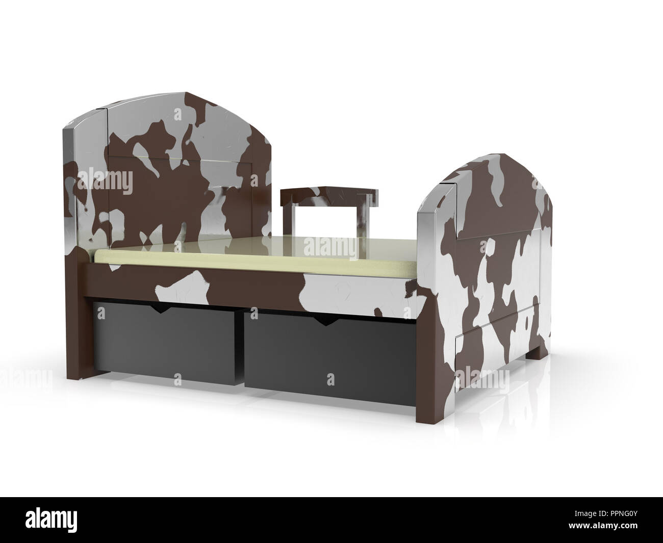 Militärische Bett mit Matratze 3D Rendering isoliert auf weißem Hintergrund Stockfoto