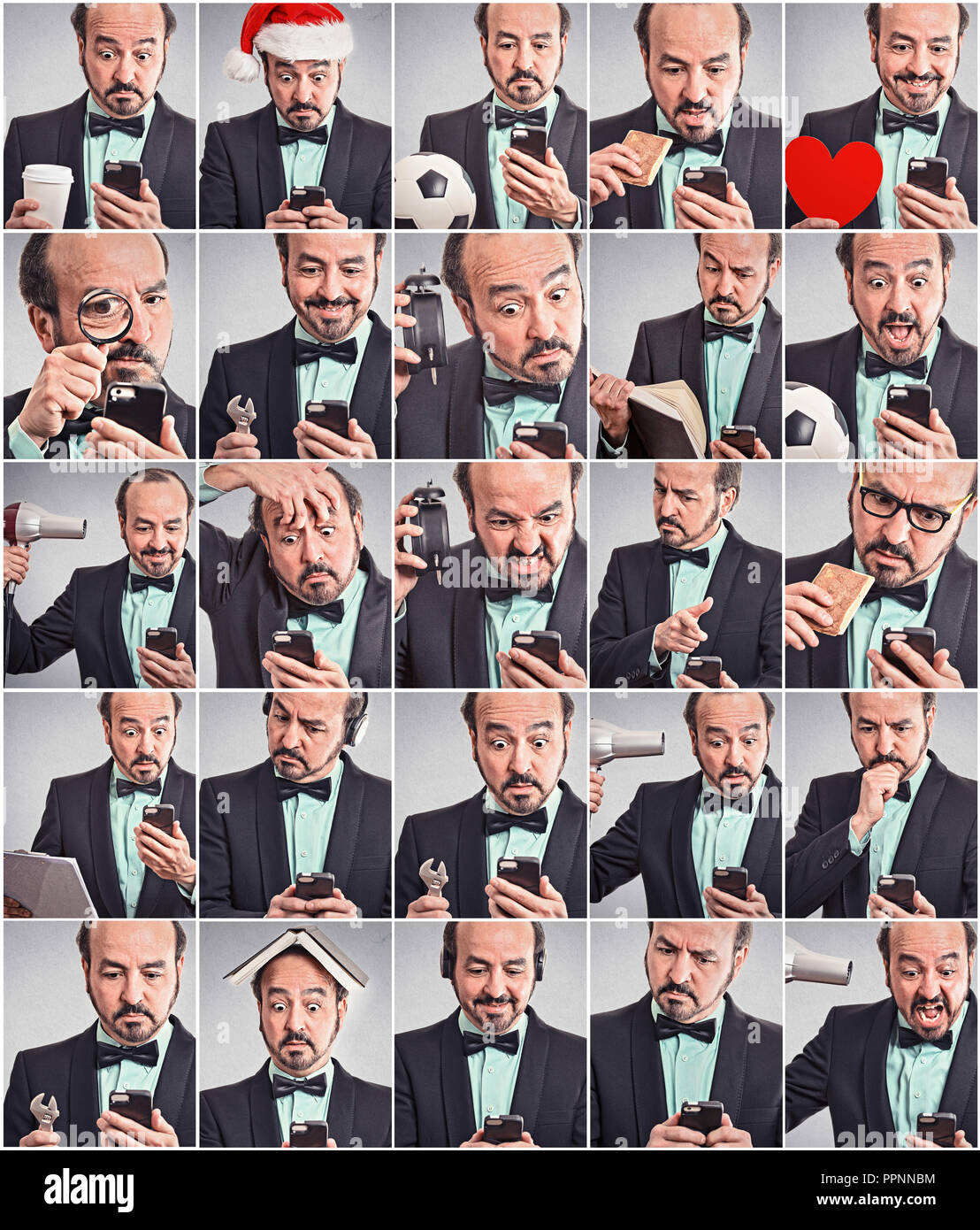 Collage von Erwachsenen Geschäftsmann in Anzug mit unterschiedlichen Emotionen smartphone Stockfoto