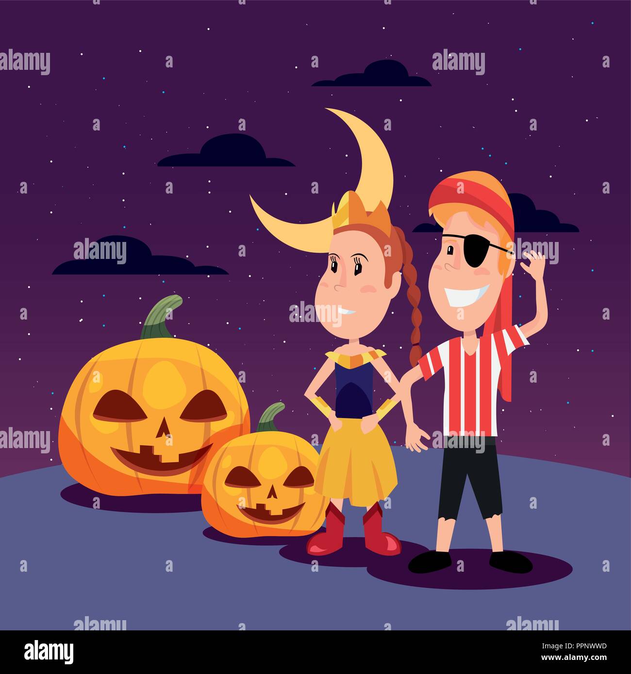 Halloween Feier Mond Nacht Prinzessin Und Pirat Junge Mit Kurbis Vector Illustration Stock Vektorgrafik Alamy