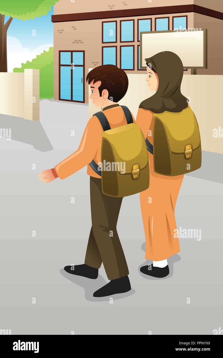 Ein Vektor Illustration von jungen muslimischen Mädchen und Schüler zu Fuß zur Schule Stock Vektor
