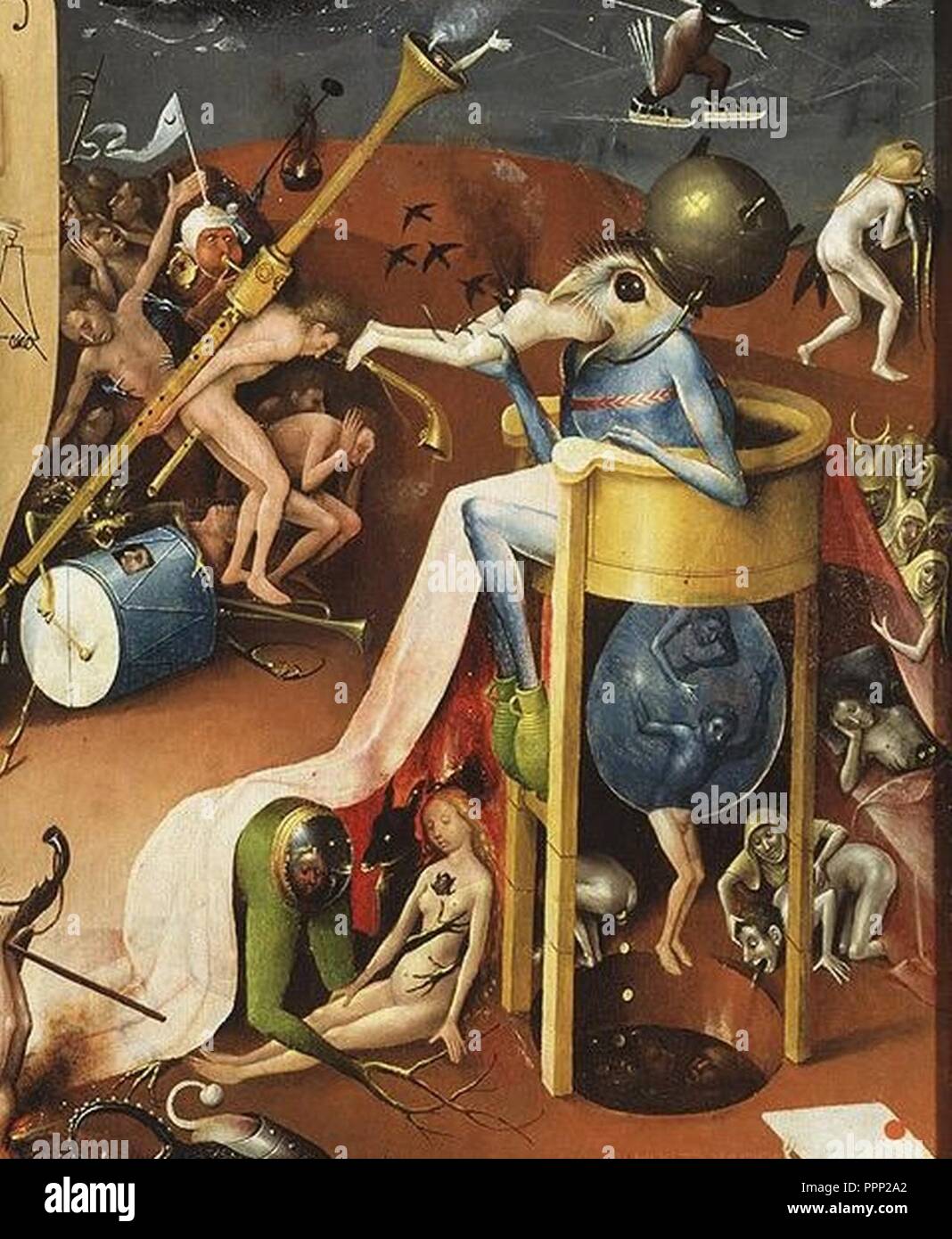 Bosch der Fürst der Hölle mit einem Kessel auf seinem Kopf. Stockfoto