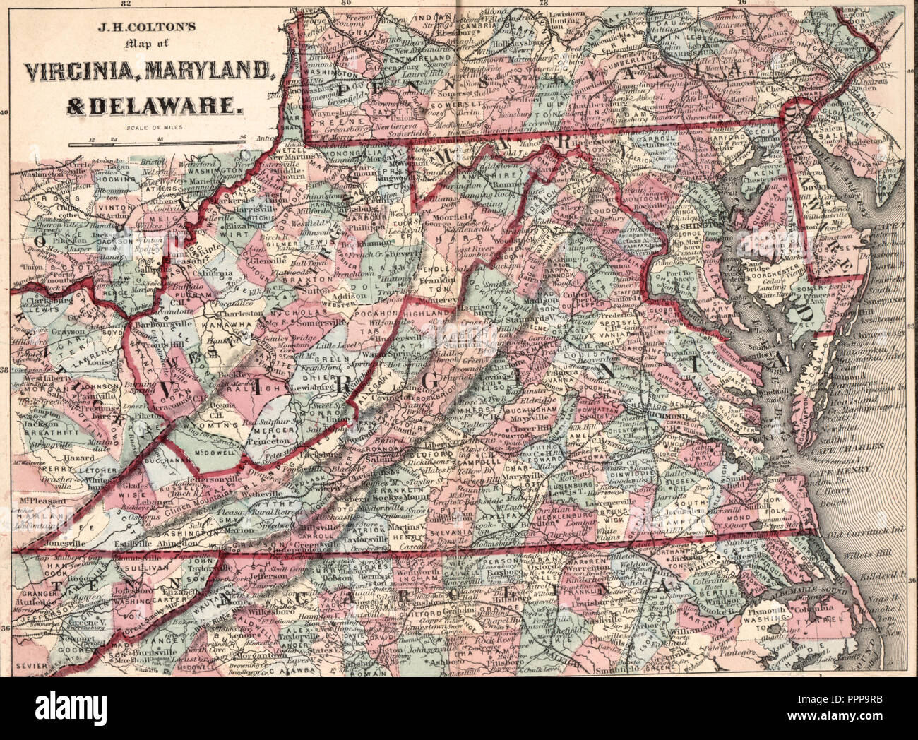 J H Coltons Karte von Virginia, Maryland und Delaware, ca. 1863 Stockfoto