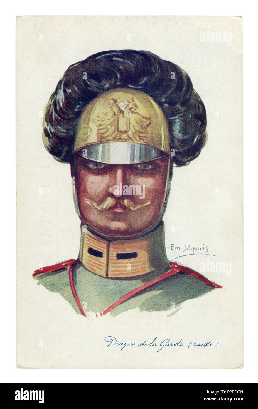 Französisch Historische Postkarte: Porträt einer Cavalryman-Dragoon der imperialen russischen Guard, stattlicher Mann mit einem dünnen Schnurrbart, Weltkrieg 1914-1918 Stockfoto