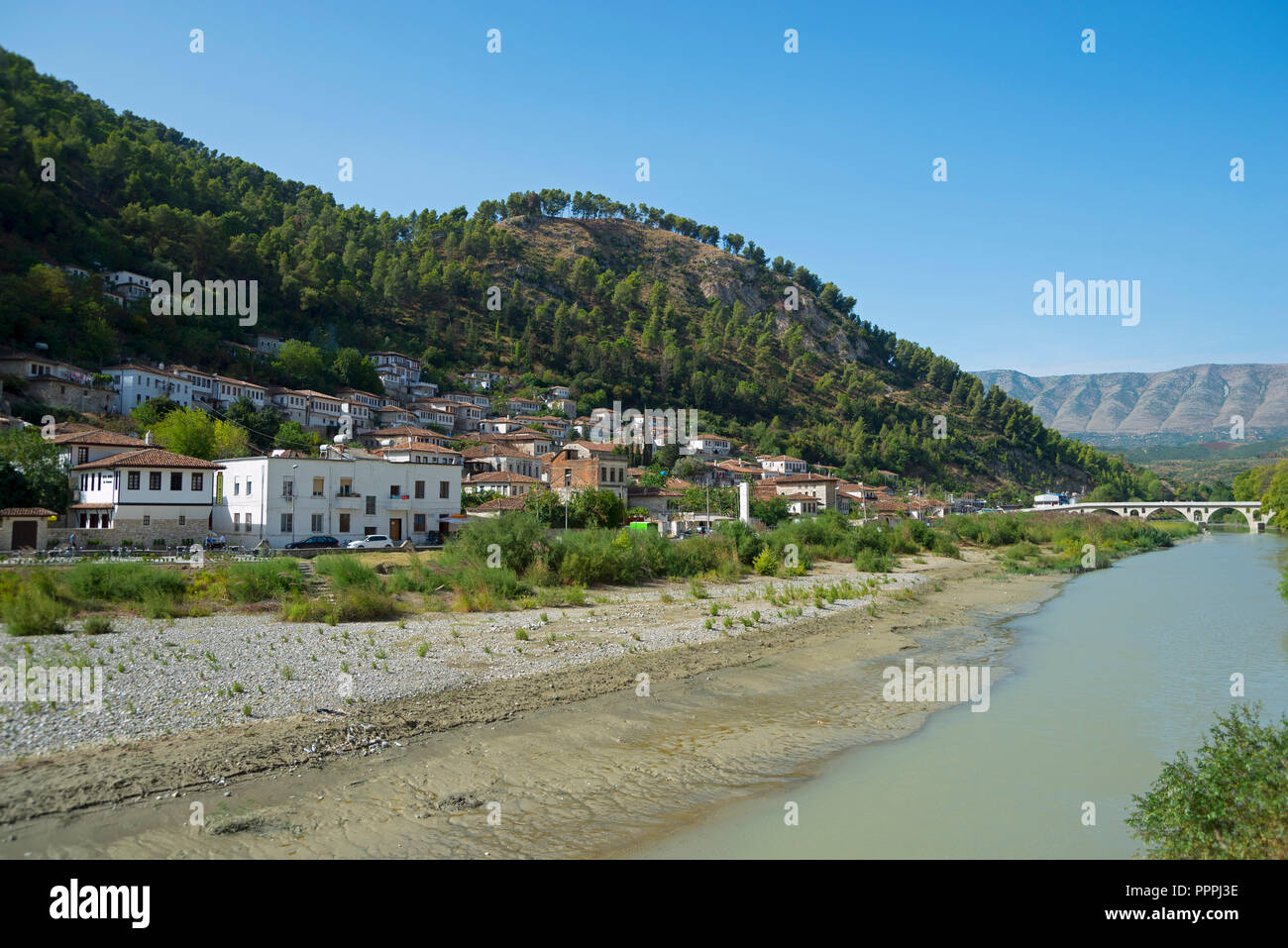 Berat, Fluss Osum, Albanien, Stadt der tausend Fenster Stockfoto