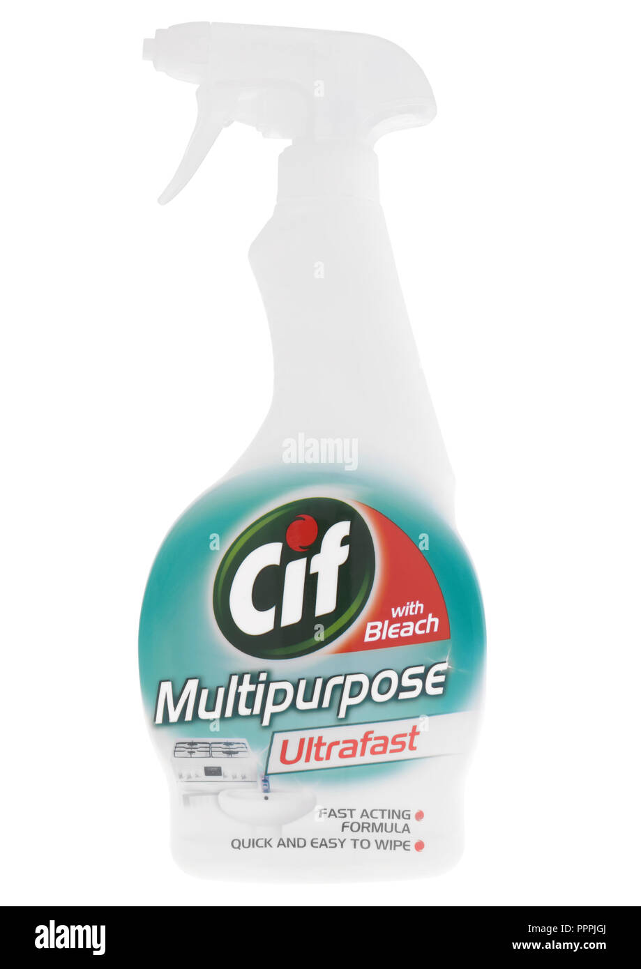 Sprayflasche Cif multipurpose Reiniger auf weißem Hintergrund Stockfoto