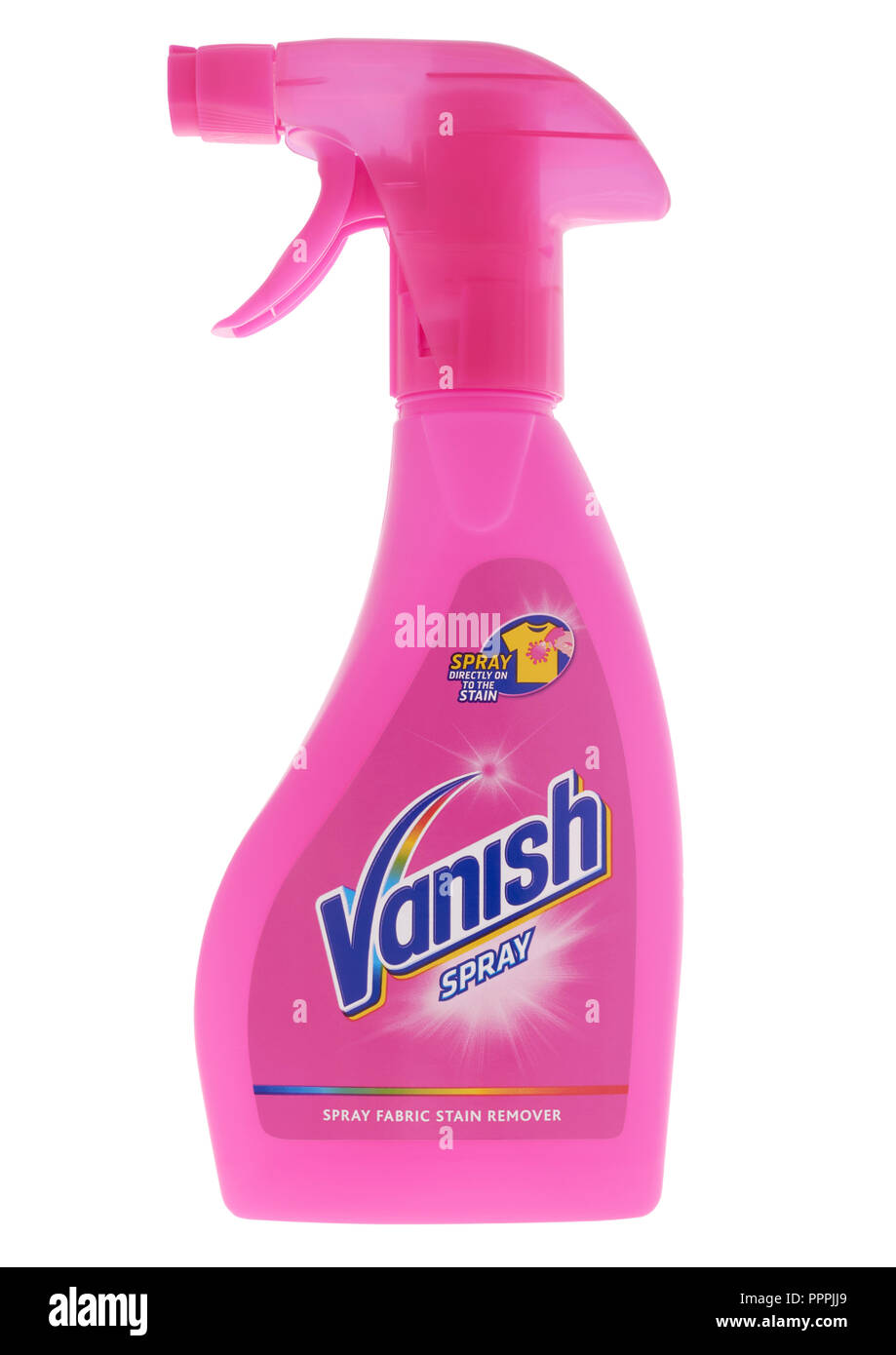 Sprayflasche Vanish spray Stoff Fleckenentferner auf weißem Hintergrund Stockfoto