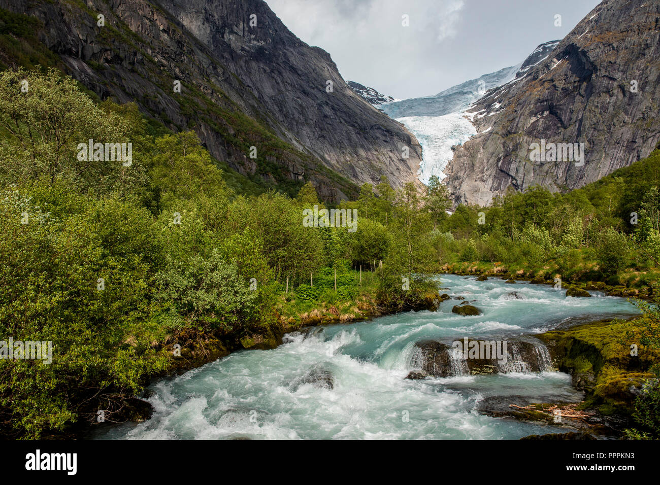 Gletschertal, Briksdalsbreen, Sogn og Fjordane, Norwegen Stockfoto