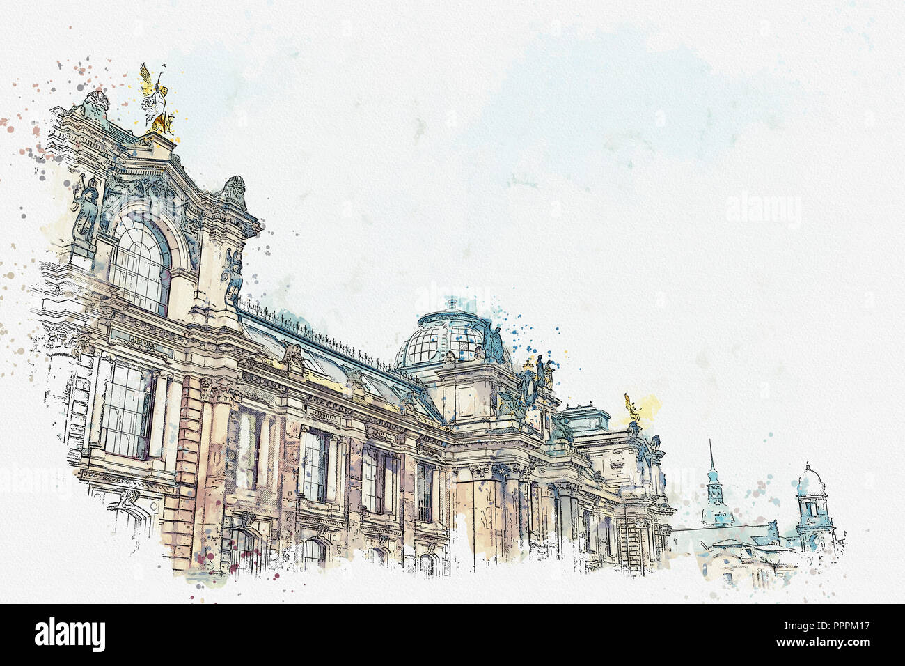 Ein Aquarell Skizze oder Zeichnung. Palace Albertinum oder eine Galerie Neuer Meister oder eine Kunstgalerie in Dresden in Deutschland. Das Gebäude wurde im 16. Jahrhundert erbaut. Stockfoto