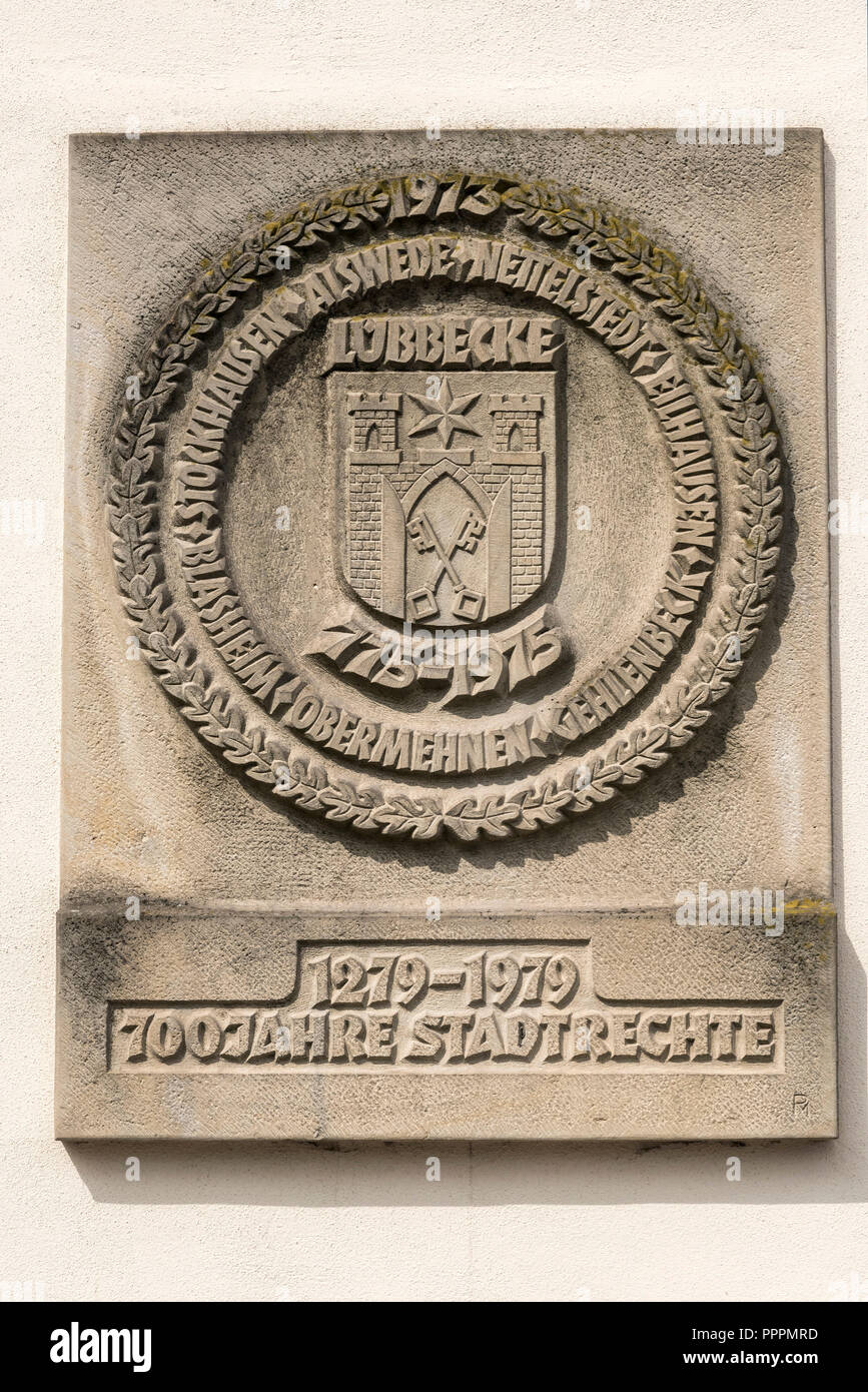 Stadt Wappen, alte Rathaus, Lübbecke, Minden-Luebbecke, Minden, Ostwestfalen-Lippe, Nordrhein-Westfalen, Deutschland Stockfoto