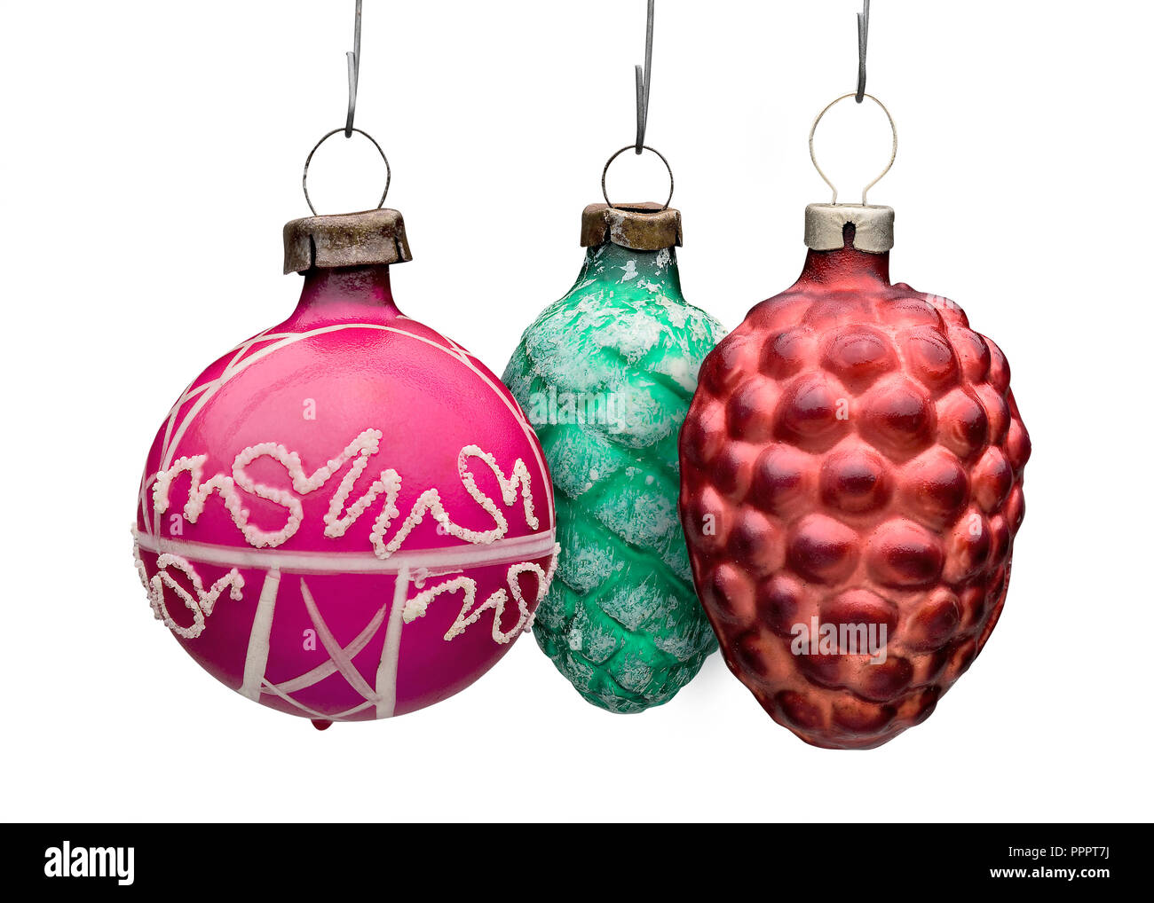 Drei alte Xmass Kugeln Ornement vor weißem Hintergrund Stockfoto